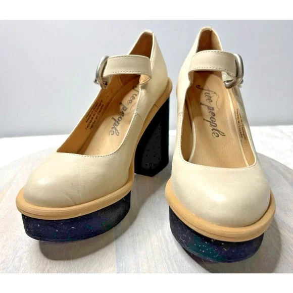 FREE PEOPLE 6.5 MAGGIE MJ PLATFORM IVORY LEATHER HEELS STRAP BUCKLE - Picture 1 of 11